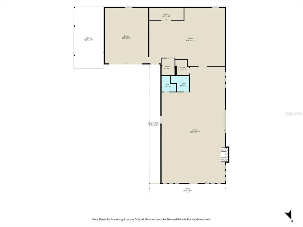 This is a floor plan showing a garage, carport, two bathrooms, and two large rooms — 50 DIANA STREET, INGLIS, FL