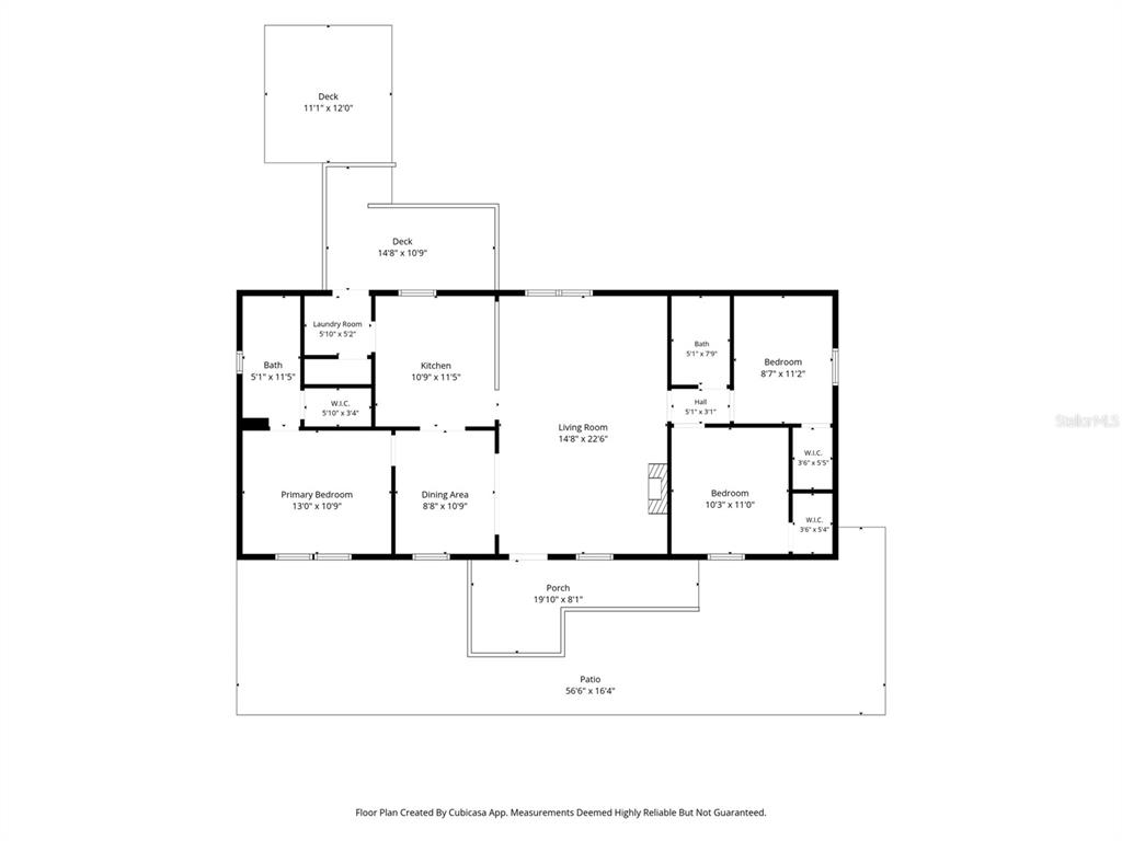 This floor plan shows a single-story house with three bedrooms, two bathrooms, and outdoor decks — 3322 SUSAN DRIVE, SPRING HILL, FL