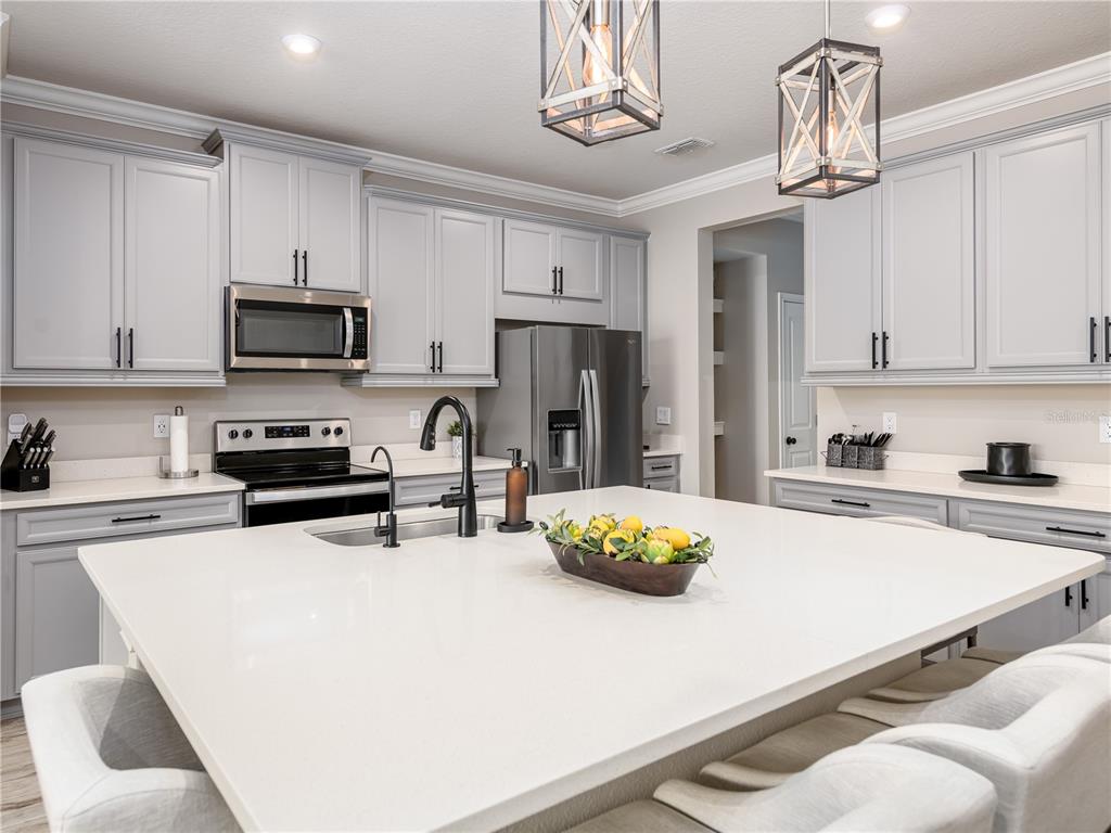 The exterior of a two-story townhouse features a gray garage, blue front doors, and pavers — 19319 BLUE POND DRIVE UNIT 22, LUTZ, FL