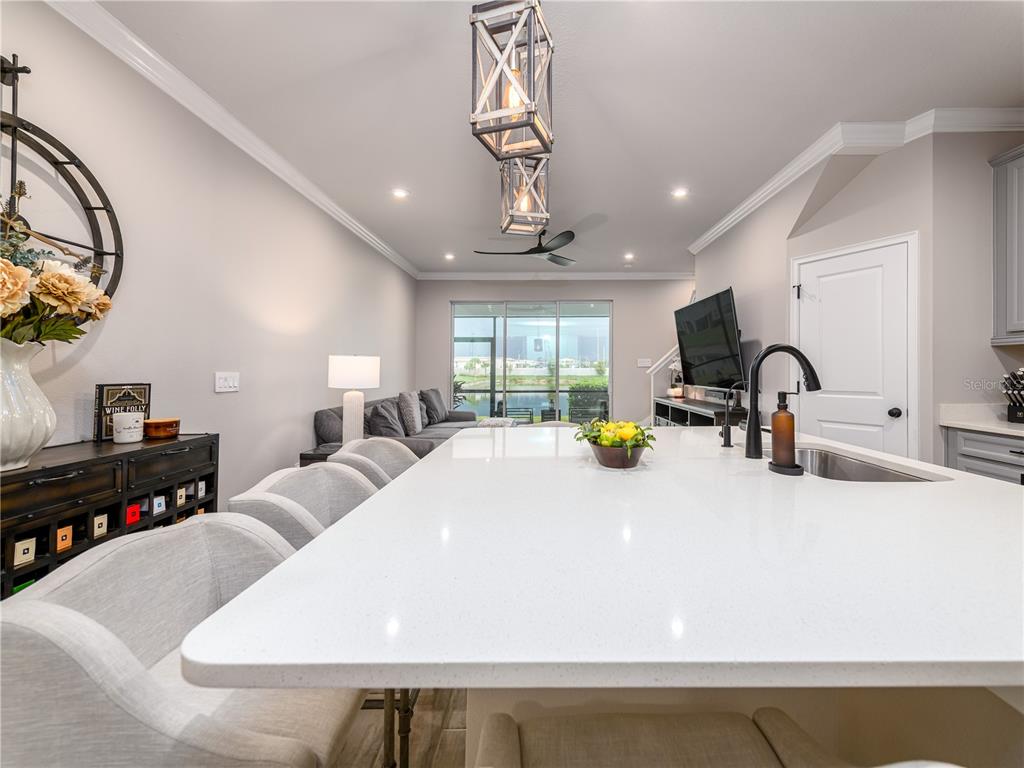 A kitchen with gray cabinets and wood-look tile flooring leads to a dark entry door — 19319 BLUE POND DRIVE UNIT 22, LUTZ, FL
