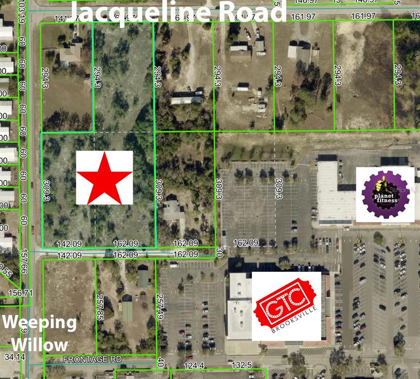 This is an aerial map showing property parcel lines, dimensions, and surrounding commercial buildings — 0 WEEPING WILLOW ROAD, BROOKSVILLE, FL