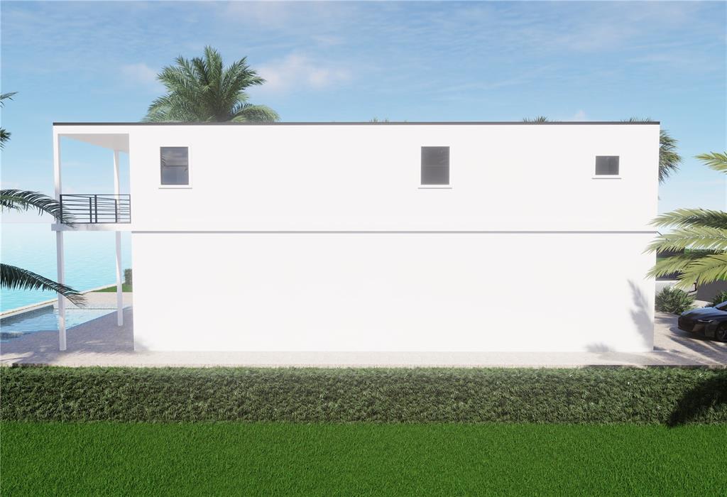 A brick patio overlooks a waterfront view with a wooden dock and distant buildings — 4 BELLEVUE DRIVE, TREASURE ISLAND, FL