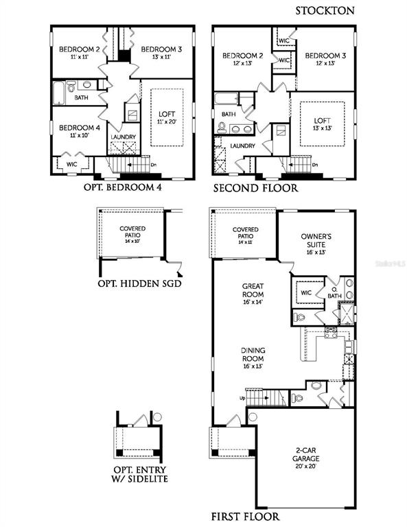 This floor plan shows the first and second levels of a house with multiple layout options — 782 FARMFIELD DRIVE, ST AUGUSTINE, FL