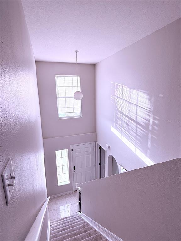 A view from a carpeted staircase looking down into a two-story foyer with tile flooring — 5764 ROYAL HILLS CIRCLE, WINTER HAVEN, FL