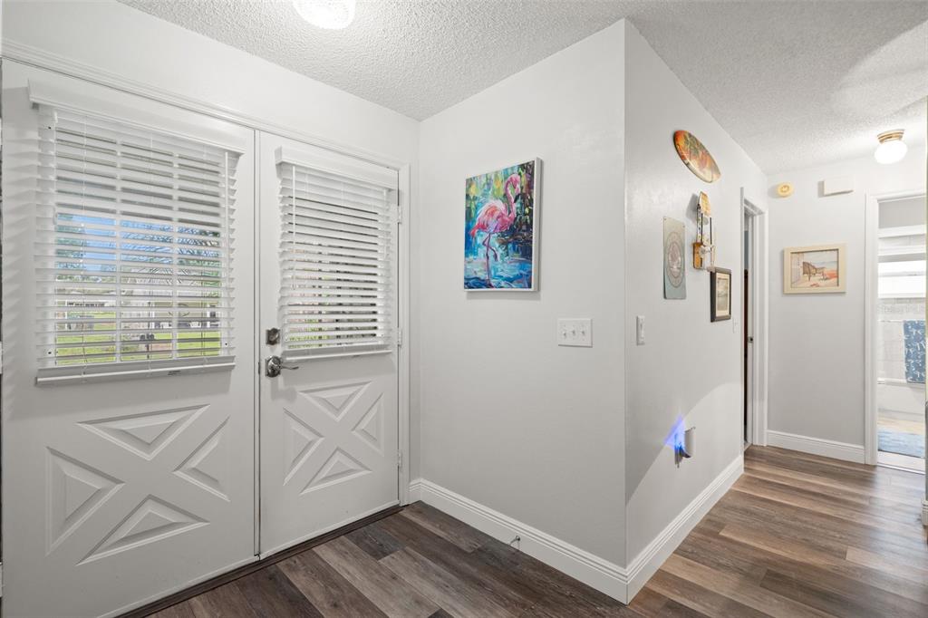 An entryway with a white door, wood-look flooring, and a flamingo painting on the wall — 6342 PINE MEADOWS DRIVE, SPRING HILL, FL