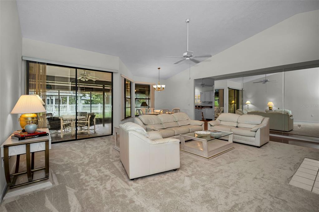 A living room features light carpet, white leather furniture, a glass coffee table, and mirrored walls — 900 LUCAS LANE, OLDSMAR, FL