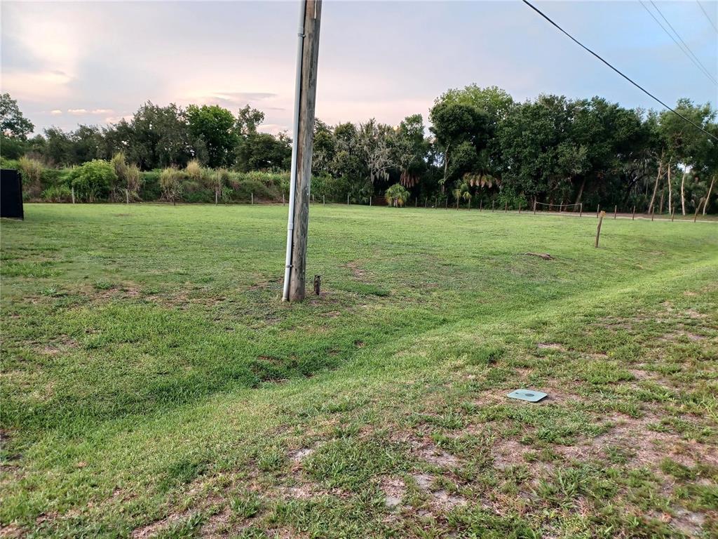 A grassy, open lot features a utility pole and a fence line near trees — 8310 25TH STREET E, PARRISH, FL