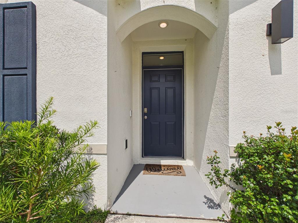A dark blue front door is set within a recessed entryway with a concrete porch — 149 HICKORY COURSE CIRCLE, OCALA, FL