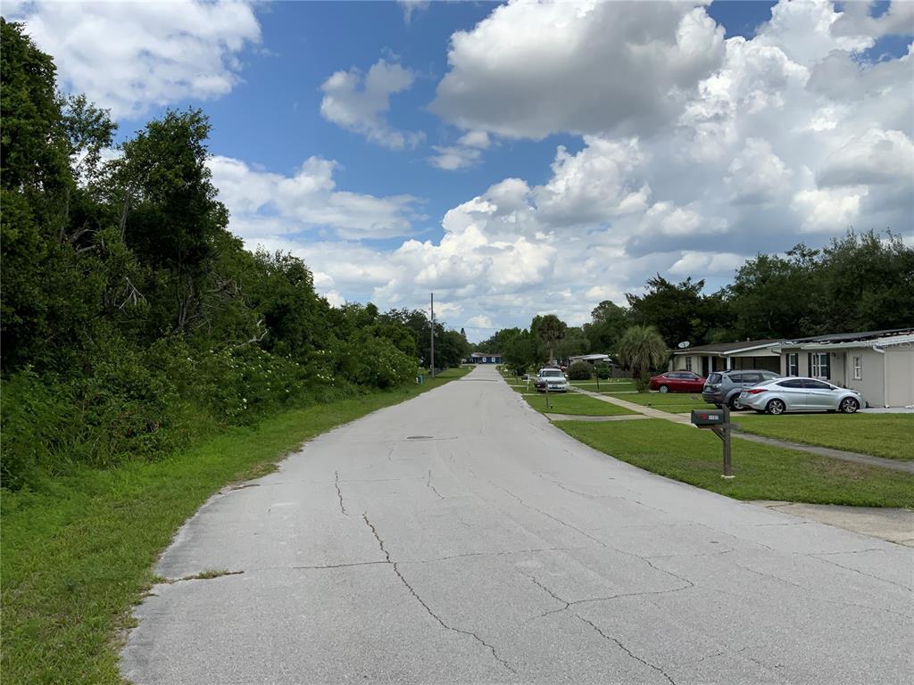 A paved residential street lined with houses, parked cars, and dense trees under a cloudy sky — HASTINGS DRIVE, DELTONA, FL