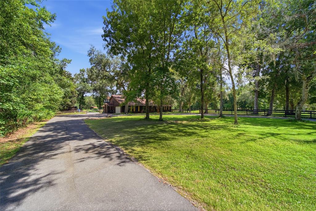 A paved driveway leads toward a house surrounded by trees and a green lawn — 22289 CHERATON ROAD, BROOKSVILLE, FL