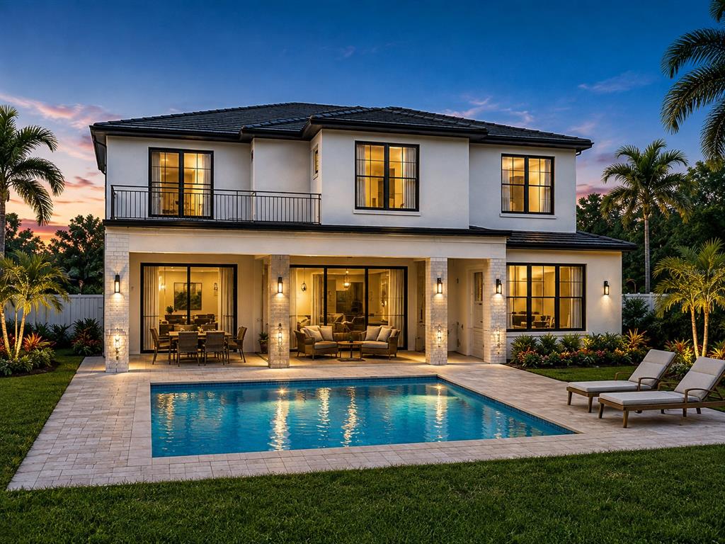 A two-story house with a swimming pool, patio, and balcony at twilight — 463 ACACIA DRIVE, SARASOTA, FL