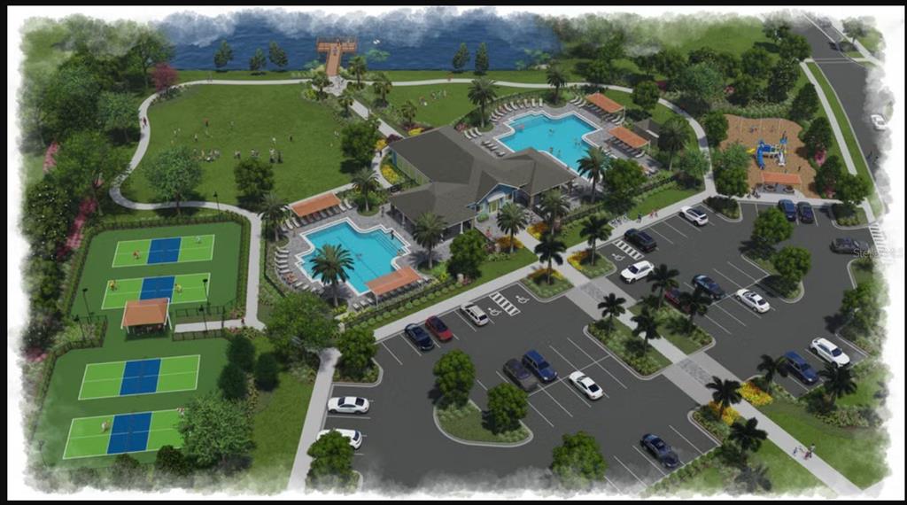 This rendering shows a community amenity center with two pools, pickleball courts, and a parking lot — 227 WATER ELM WALK, ST AUGUSTINE, FL