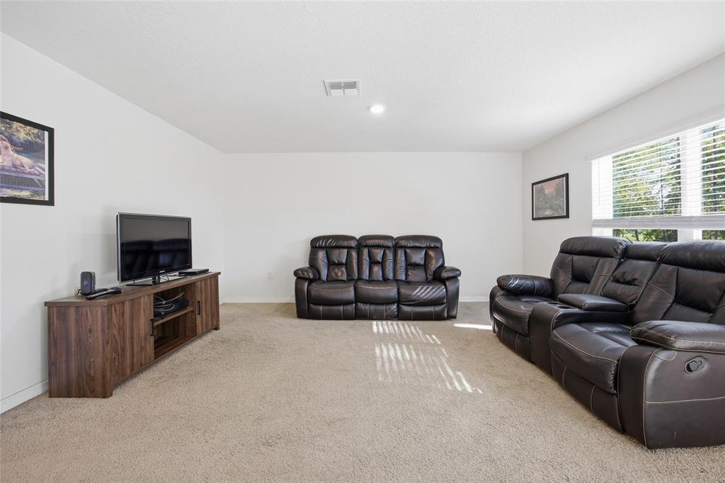 A living room features beige carpeting, white walls, a television console, and two leather sofas — 273 HICKORY COURSE RADIAL, OCALA, FL