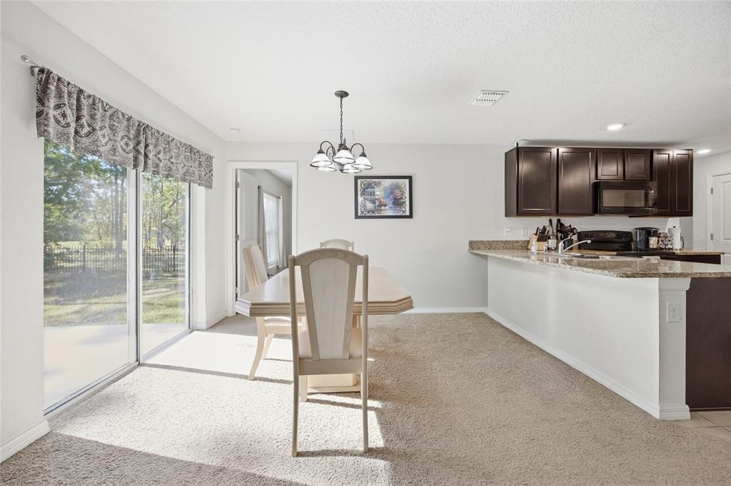 A dining area with carpeted flooring, a chandelier, and an adjacent kitchen with dark cabinets — 273 HICKORY COURSE RADIAL, OCALA, FL