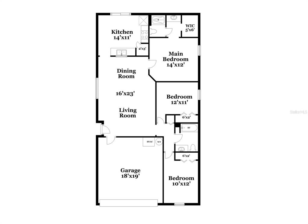 This is a floor plan showing a single-story house with a garage and three bedrooms — 6452 TABOGI TRAIL, WESLEY CHAPEL, FL