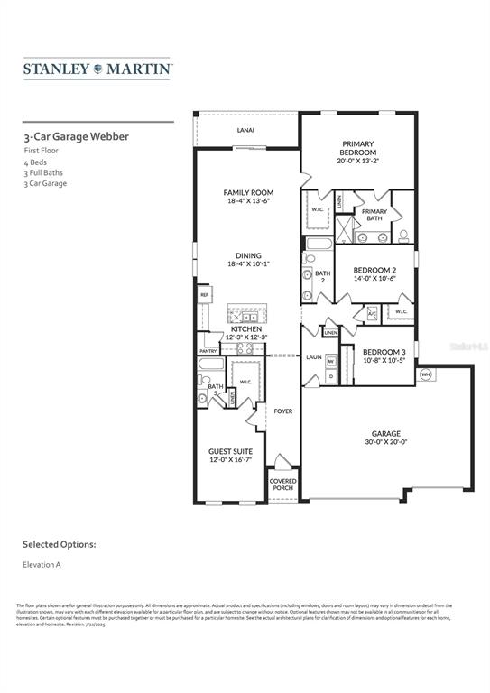 This floor plan shows the first level of a four-bedroom home with a three-car garage — 1112 BANFF DRIVE NE, PALM BAY, FL