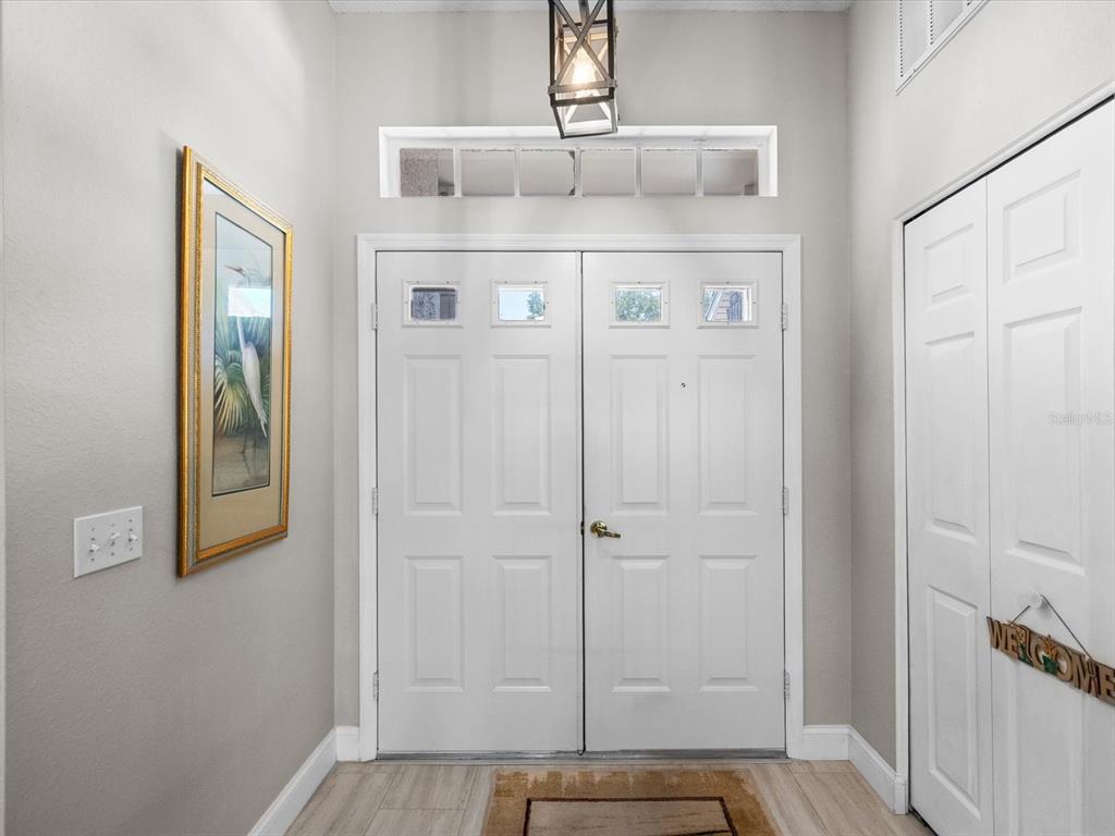 A covered entryway features a double glass door, a side door, and two potted plants — 18730 WORTHINGTON DRIVE, HUDSON, FL