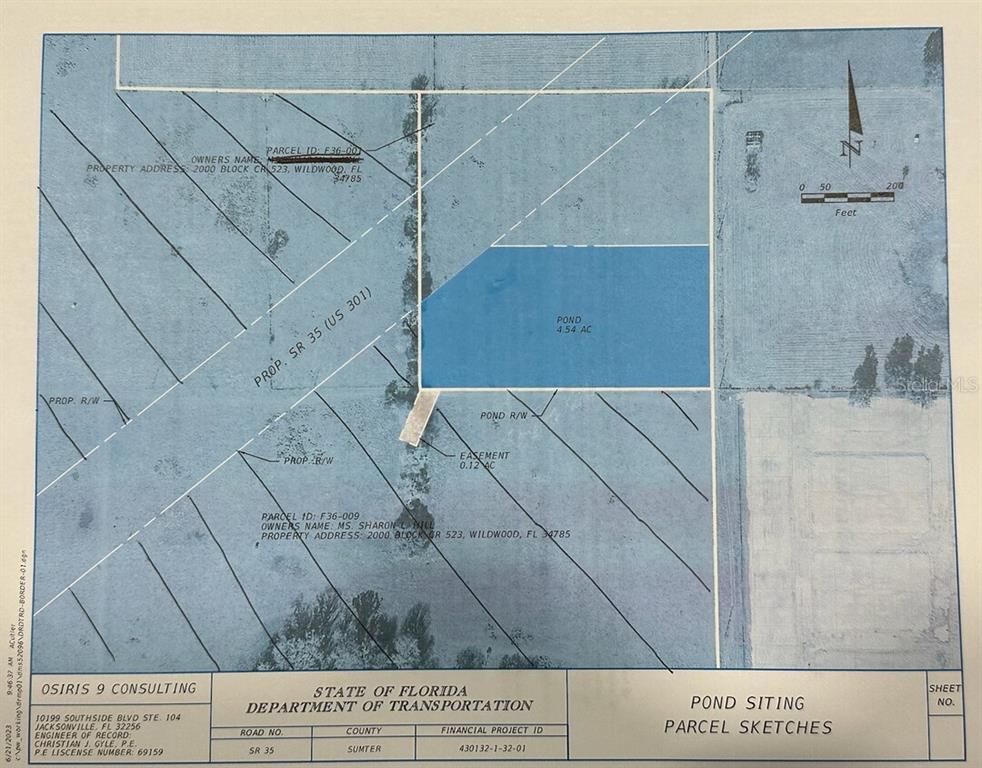 This is a land survey map showing a pond and proposed road right-of-way — CR 523, COLEMAN, FL