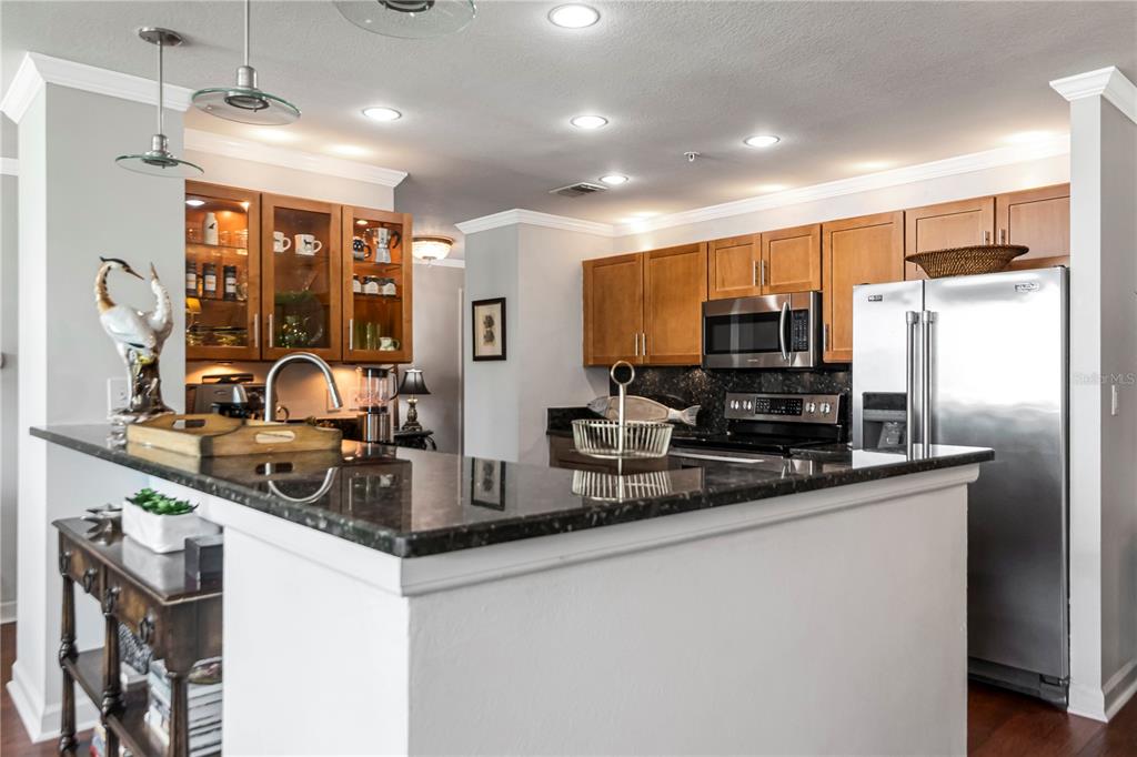 A kitchen features wood cabinets, dark granite countertops, stainless steel appliances, and a breakfast bar — 345 BAYSHORE BOULEVARD UNIT 808, TAMPA, FL