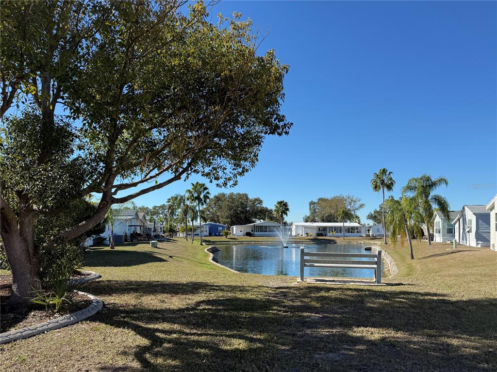 A pond with a fountain sits in front of several mobile homes and palm trees — 209 S PORT ROYAL LANE, APOLLO BEACH, FL