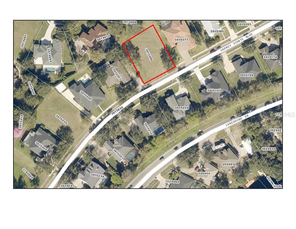 This is an aerial map showing a vacant lot outlined in red — OSPREY POINTE BOULEVARD, CLERMONT, FL