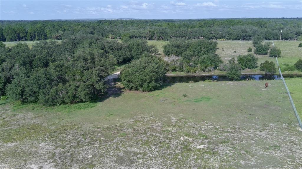 An aerial view shows a grassy pasture with a small pond and clusters of trees — 4547 GLEN SAINT MARY ROAD, LAKE WALES, FL
