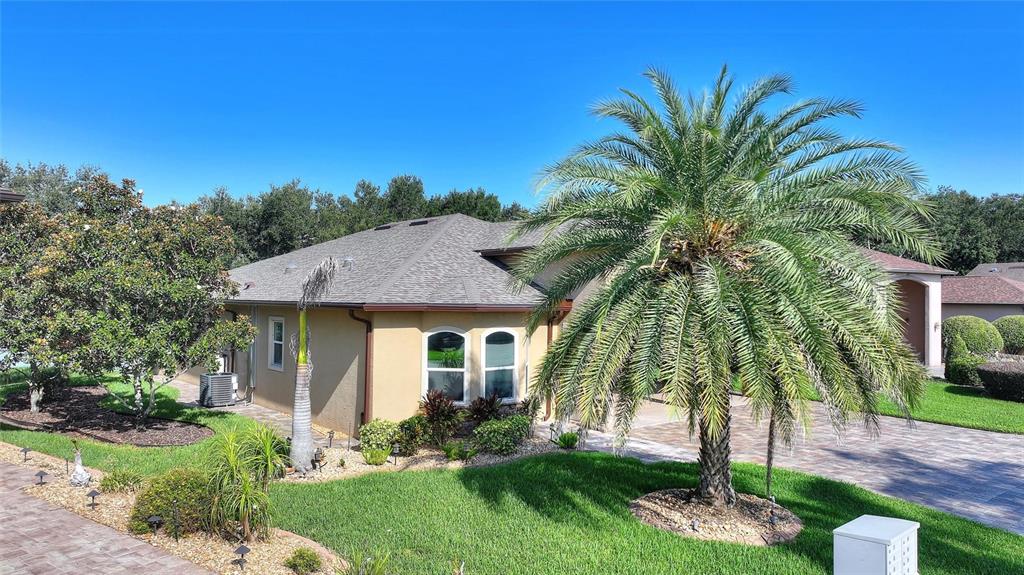 A single-story house with a large covered entryway, a paved driveway, and a palm tree — 492 MEANDERING WAY, POLK CITY, FL