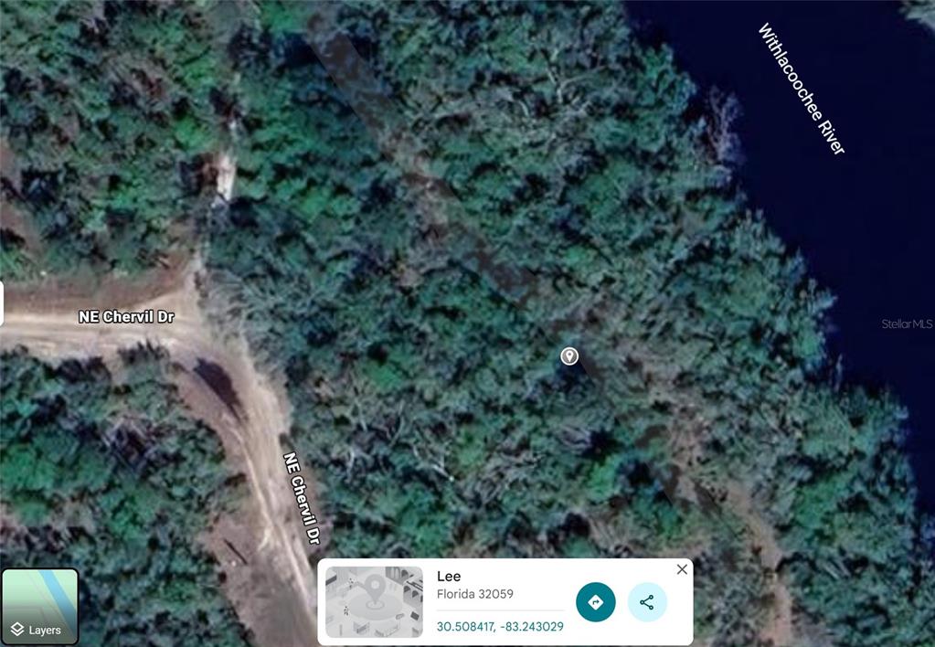This is a satellite map view of a wooded lot along the Withlacoochee River — NE CHERVIL DRIVE, LEE, FL