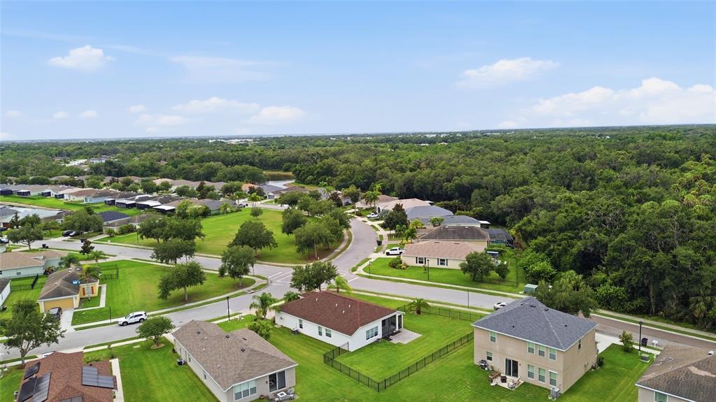 An aerial view shows suburban houses with green lawns and a surrounding forest — 9799 50TH STREET CIRCLE E, PARRISH, FL