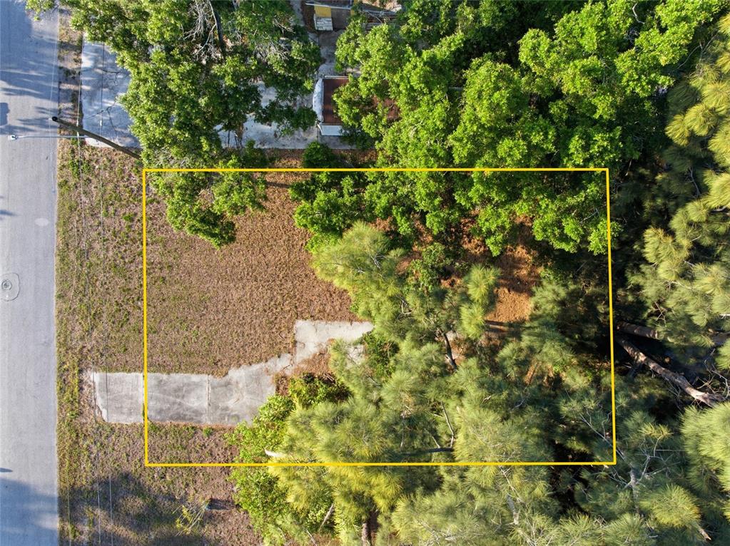 An aerial view shows a vacant, rectangular residential lot outlined in yellow next to trees — 61ST LANE, PINELLAS PARK, FL