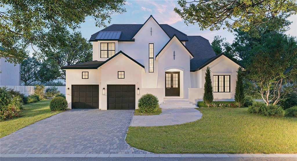 This rendering shows the exterior and floor plans of a two-story residential home — 1821 LINCOLN DRIVE, SARASOTA, FL