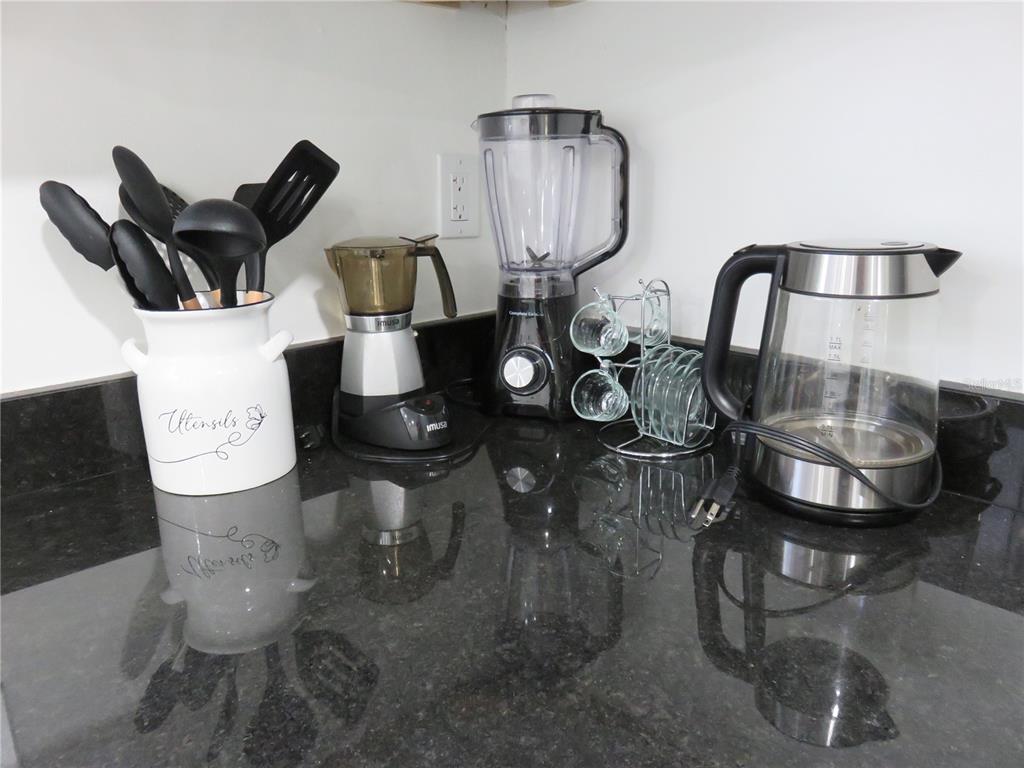A kitchen counter features a utensil holder, blender, electric kettle, and small coffee maker — 5401 SWEETWATER TERRACE CIRCLE UNIT 5401, TAMPA, FL