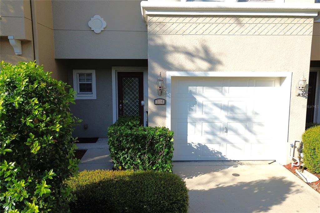 The exterior of a townhouse features a white garage door, a front entrance, and landscaping — 314 SUMMER CLOUDS PL, BRANDON, FL