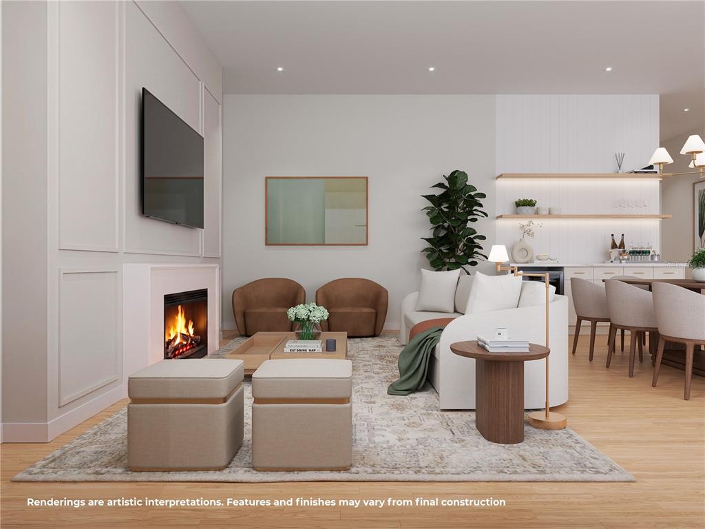 This rendering shows a modern living room with a fireplace, television, and adjacent dining area — 1550 PALM AVENUE, WINTER PARK, FL