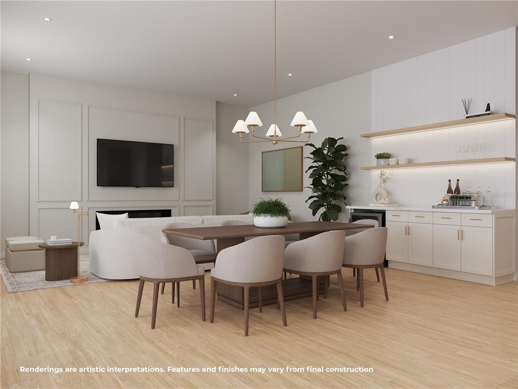 This rendering shows a modern dining and living area with light wood floors and white cabinetry — 1550 PALM AVENUE, WINTER PARK, FL