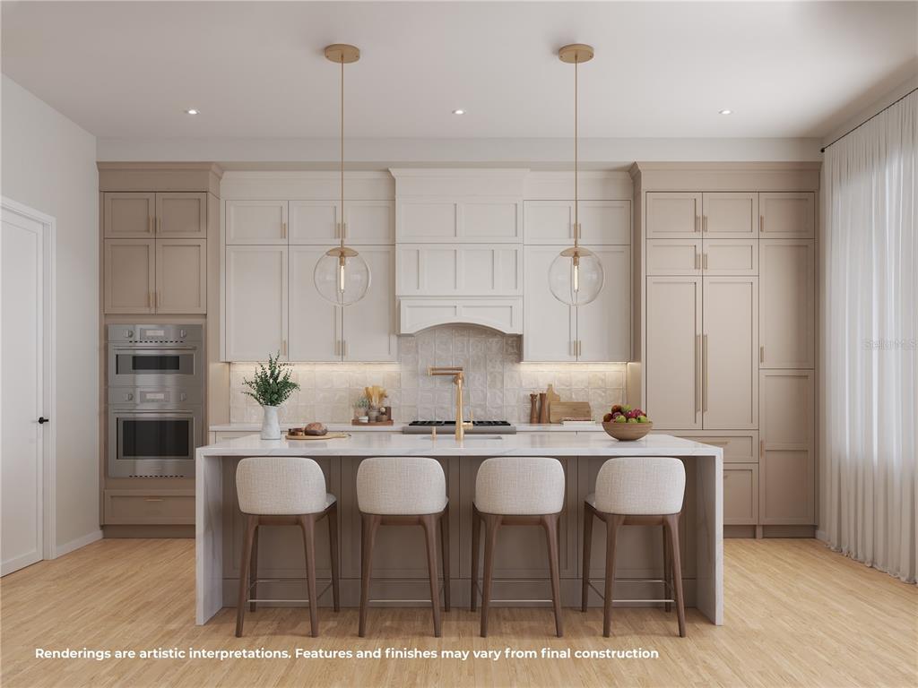 This rendering shows a modern kitchen with a central island, bar seating, and neutral cabinetry — 1550 PALM AVENUE, WINTER PARK, FL