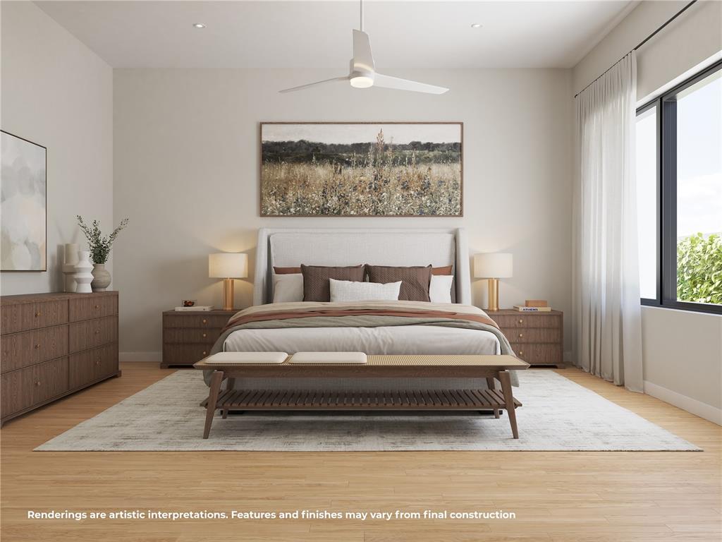 This rendering shows a modern bedroom with a king bed, wooden furniture, and a ceiling fan — 1550 PALM AVENUE, WINTER PARK, FL