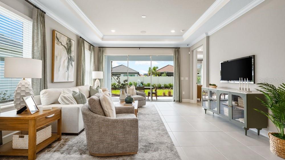 A living room features a tray ceiling, tile floors, a television console, and sliding glass doors — 3801 FRACCARETA WAY, WESLEY CHAPEL, FL