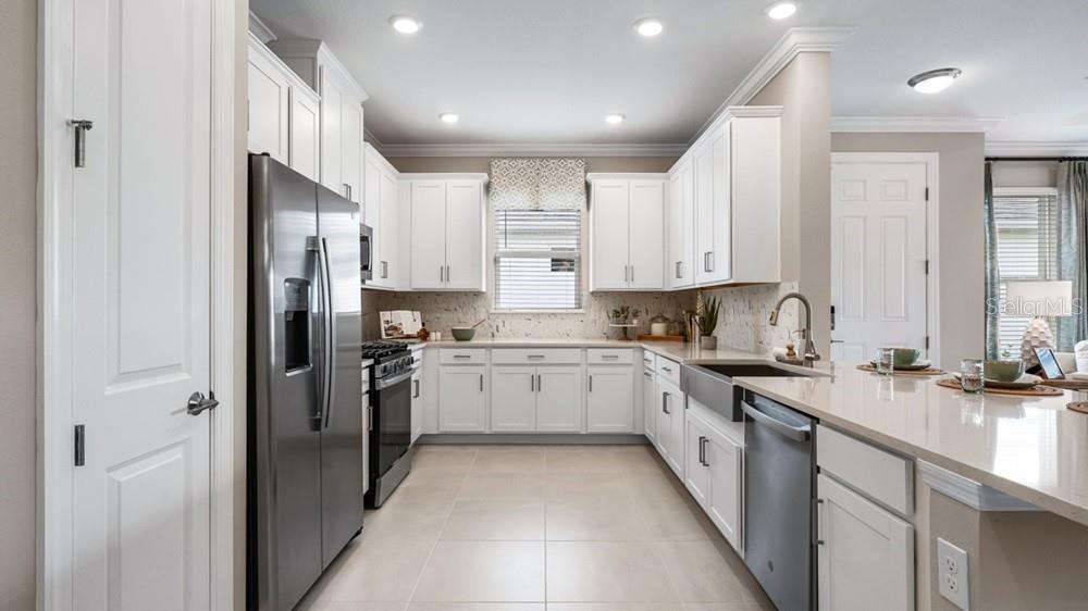 A modern kitchen features white cabinets, stainless steel appliances, a farmhouse sink, and quartz countertops — 3801 FRACCARETA WAY, WESLEY CHAPEL, FL