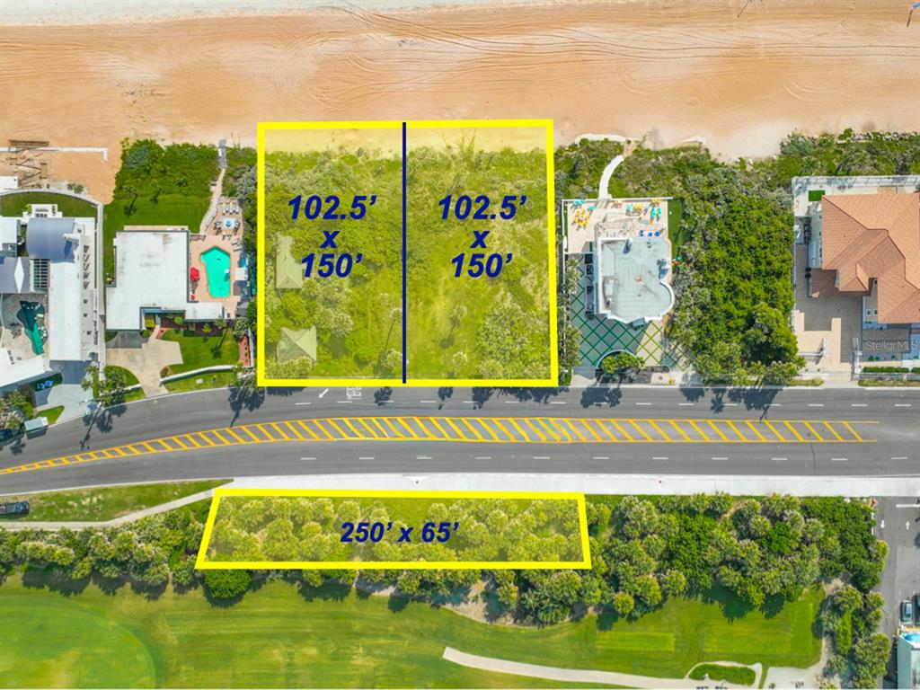 An aerial view shows three highlighted land parcels, including two beachside lots and one across — 67 OCEAN SHORE BOULEVARD, ORMOND BEACH, FL