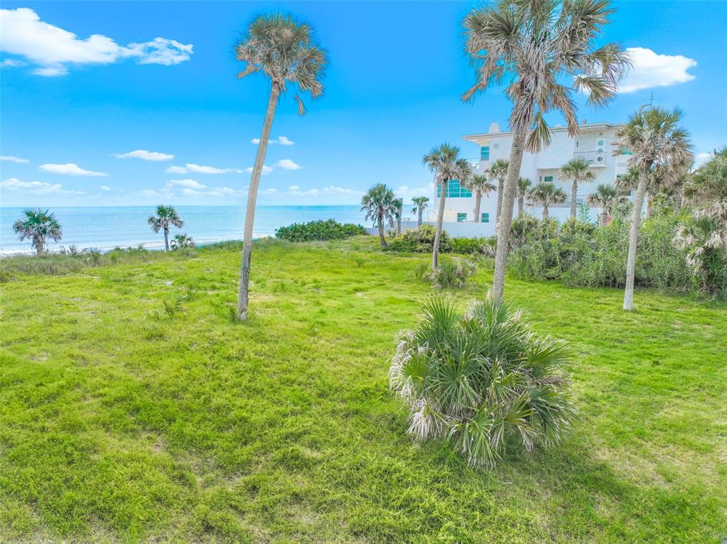 A grassy vacant lot with palm trees overlooks the ocean next to a white building — 67 OCEAN SHORE BOULEVARD, ORMOND BEACH, FL
