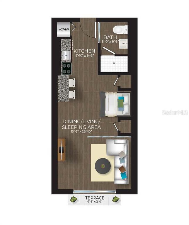 This is a floor plan for a studio apartment featuring a kitchen, bathroom, and terrace — 536 BAHIA BEACH BOULEVARD UNIT 320B, RUSKIN, FL