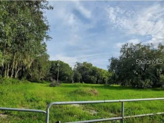A grassy, fenced-in vacant lot is surrounded by mature trees under a partly cloudy sky — 10510 SUMNER ROAD, WIMAUMA, FL