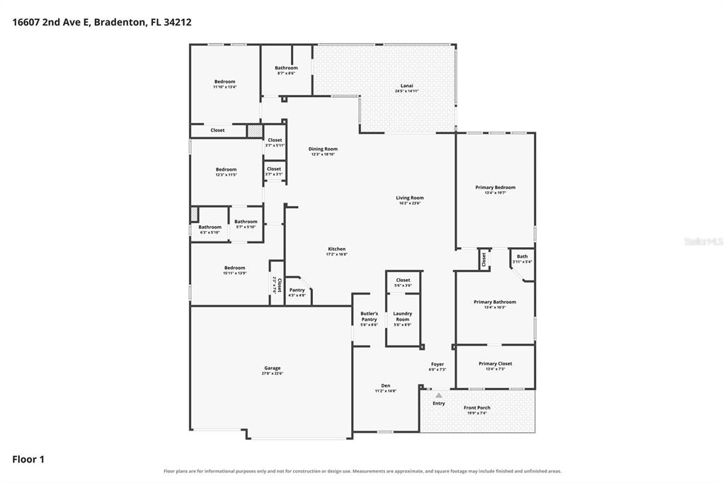 This is a floor plan of a single-story house featuring a garage, lanai, and porch — 16607 2ND AVENUE E, BRADENTON, FL