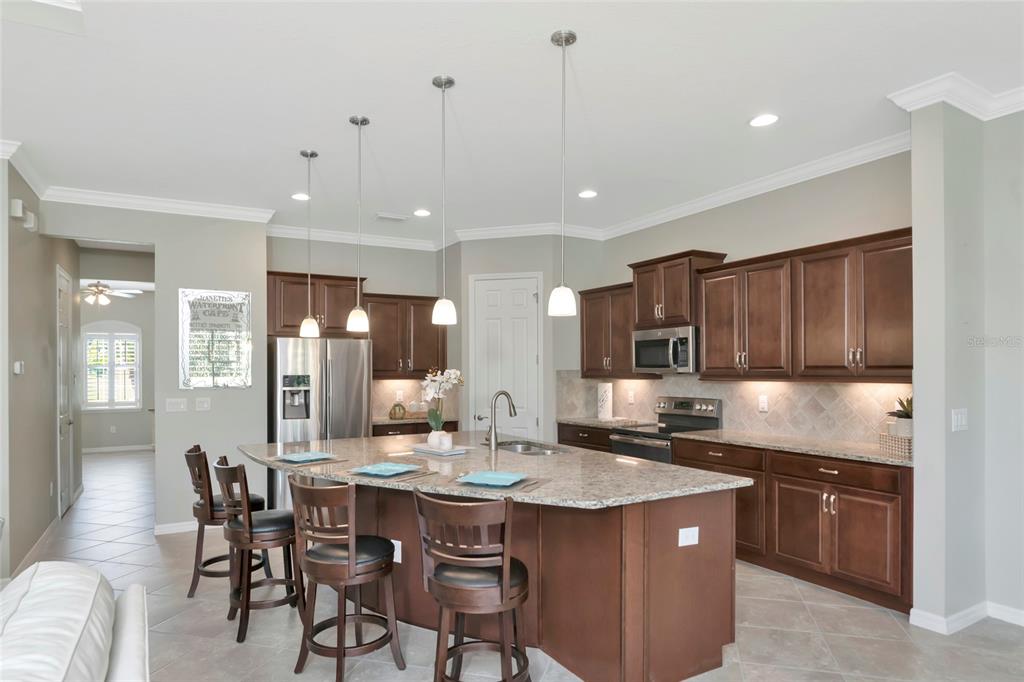A kitchen features dark wood cabinets, granite countertops, a large island, and three pendant lights — 16607 2ND AVENUE E, BRADENTON, FL