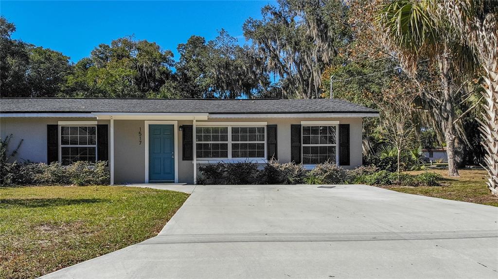 A single-story house with a blue front door and a concrete driveway — 1517 N GRANDVIEW STREET, MOUNT DORA, FL