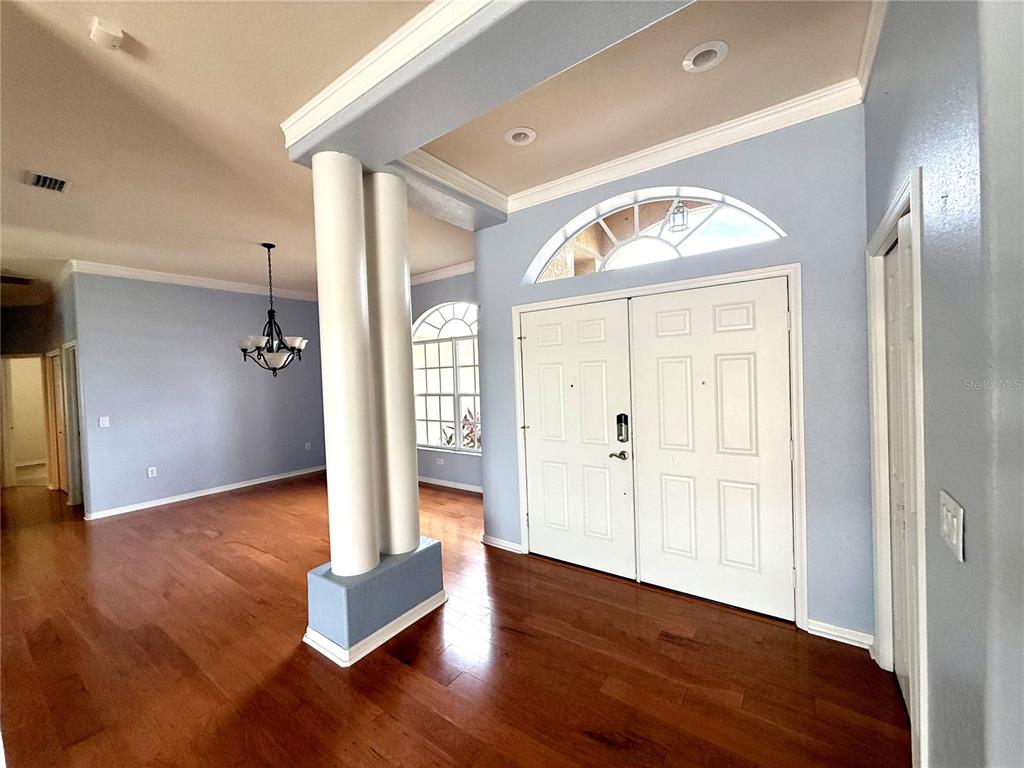 An entryway features light blue walls, hardwood floors, double white doors, and two decorative columns — 3735 GAVIOTA DRIVE, RUSKIN, FL