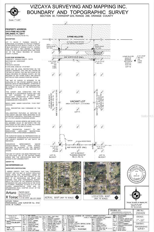 This is a boundary and topographic survey map of a vacant lot in Florida — 310 N PINE HILLS ROAD, ORLANDO, FL