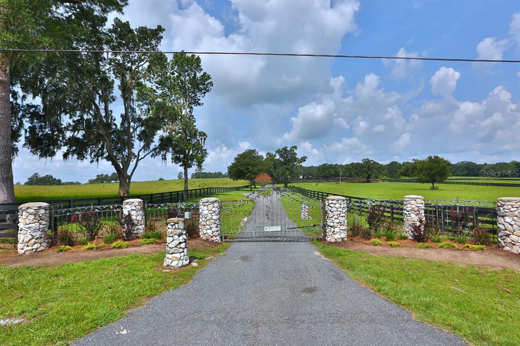A paved driveway leads to a gated entrance with stone pillars and black metal fencing — 13450 NW GAINESVILLE ROAD, REDDICK, FL