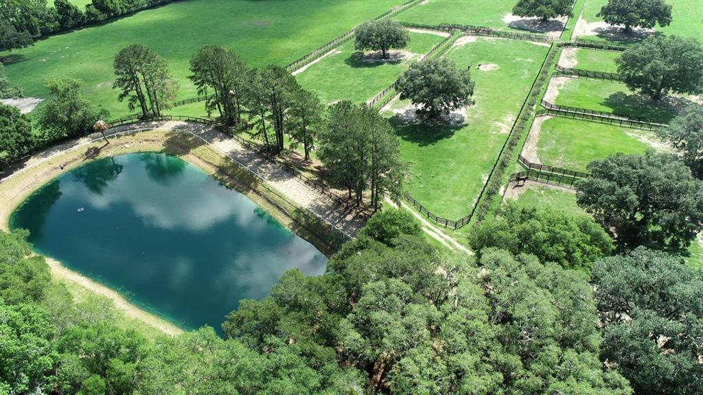 An aerial view shows a pond, fenced pastures, and mature trees on a rural property — 13450 NW GAINESVILLE ROAD, REDDICK, FL
